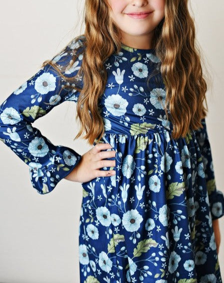 Girls Dark Blue Floral Print Dress 8 YRS Girls Dark Blue Floral Print Dress 8 YRS