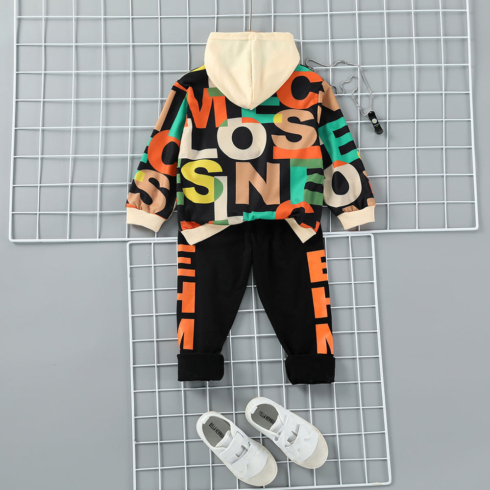 Boys Multicolor Letters Hoodie and Pants Set