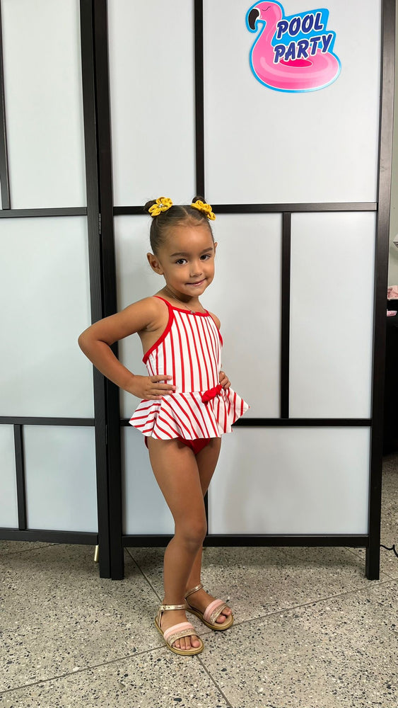 Red Striped Bow One-Piece Mommy and Me Swim Sets