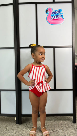 Red Striped Bow One-Piece Mommy and Me Swim Sets