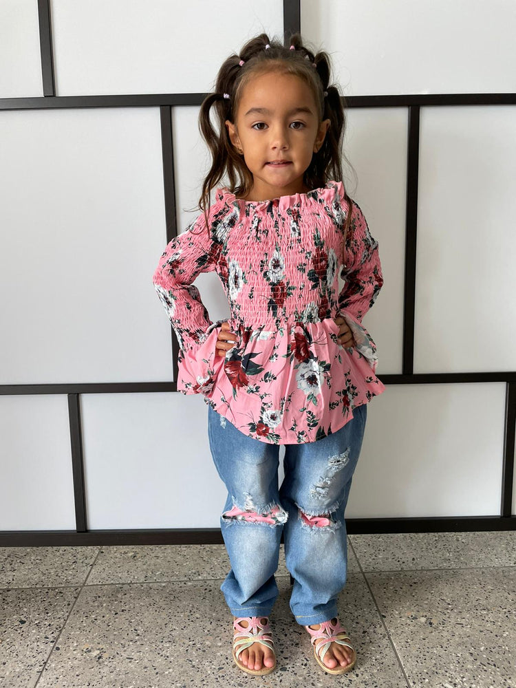 Girls Floral Pink Blouse and Jeans Set