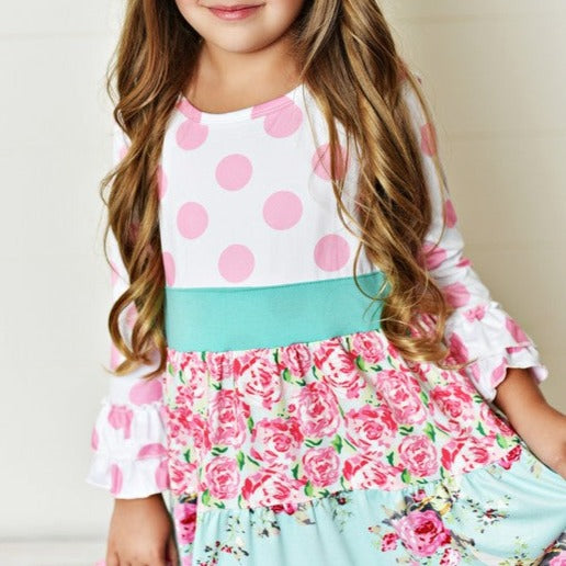 Girls Polka Dots and Floral Print Patchwork Dress