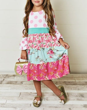 Girls Polka Dots and Floral Print Patchwork Dress