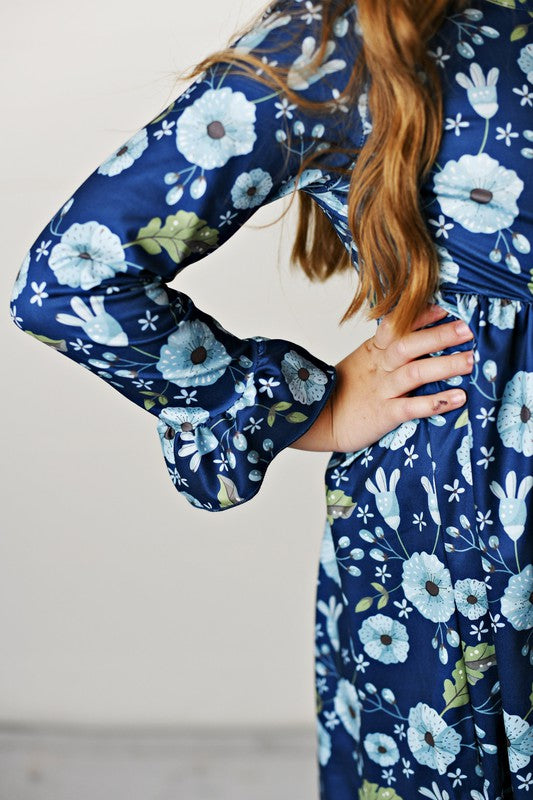 Girls Dark Blue Floral Print Dress