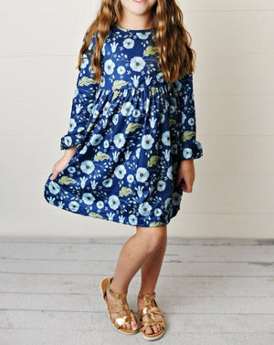Girls Dark Blue Floral Print Dress