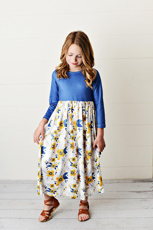 Girls Blue and Yellow Flowers Dress