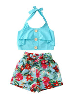 Girls Green Top & Flower Shorts Set
