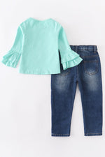 Girls Mint Sunflower Top and Jeans Set