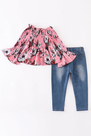Girls Floral Pink Blouse and Jeans Set